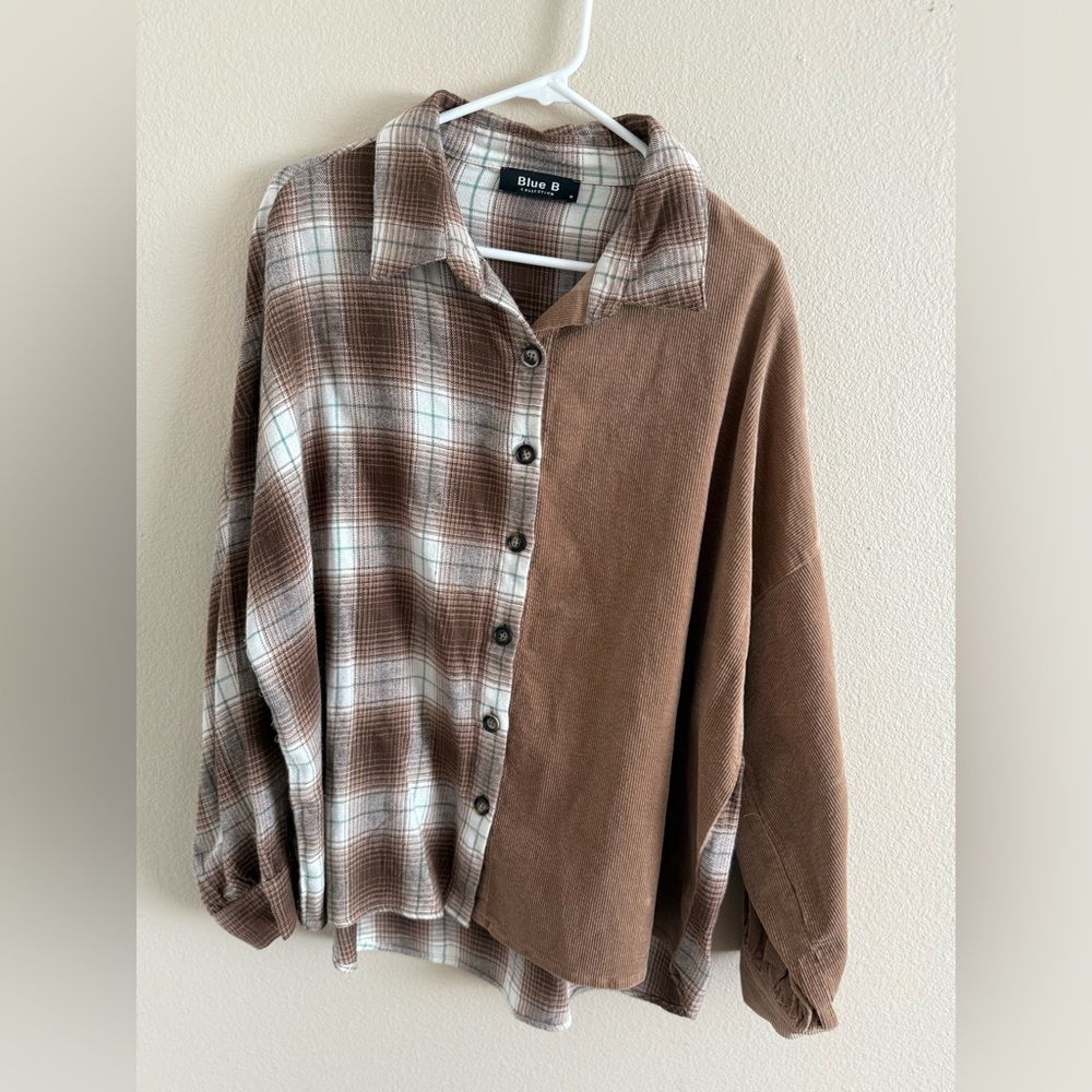 Blue B Brown & White Plaid Half Flannel Half Corduroy Button-Up Shirt Medium